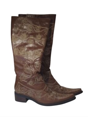 Chocolat Blu Tall Brown Western Boots With Tan Embroidery Design Size EU 39